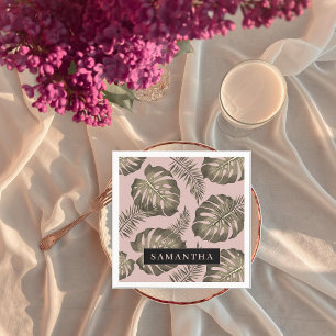 Tropical Pink & Gold Palm Leaves Pattern & Name Napkins