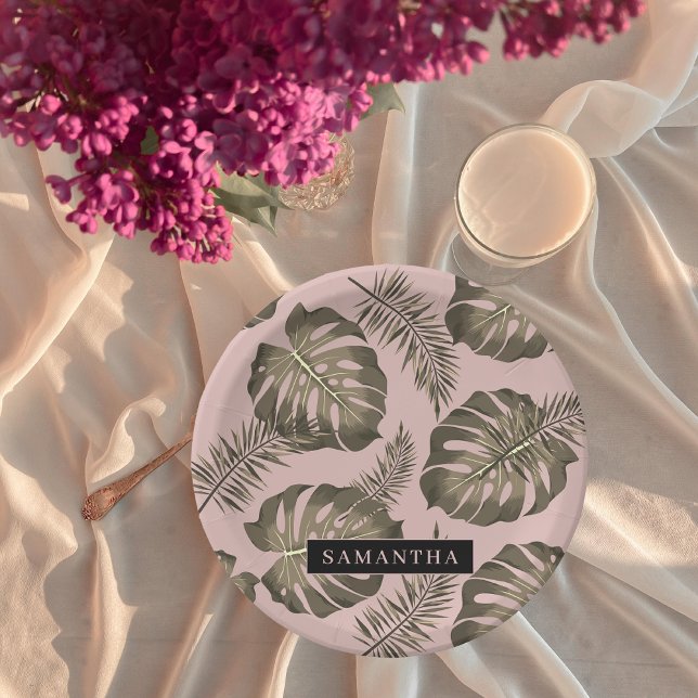 Tropical Pink & Gold Palm Leaves Pattern & Name Paper Plates (Creator Uploaded)
