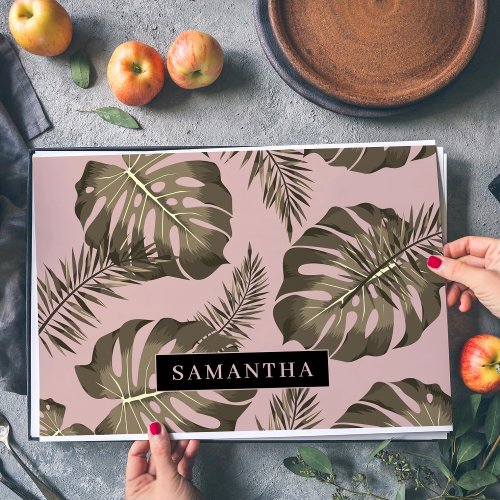 Tropical Pink  Gold Palm Leaves Pattern  Name  Placemat