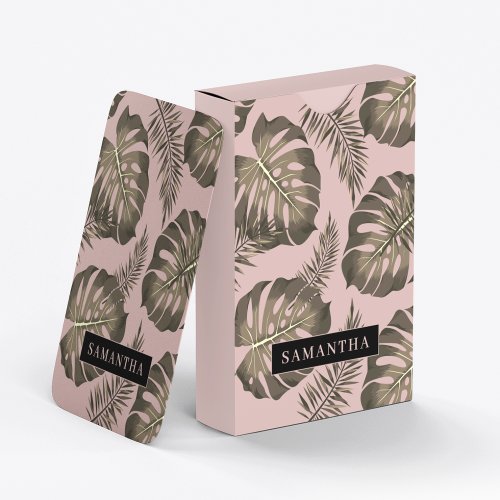 Tropical Pink  Gold Palm Leaves Pattern  Name  Playing Cards