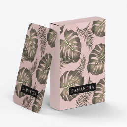 Tropical Pink &amp; Gold Palm Leaves Pattern &amp; Name  Poker Cards