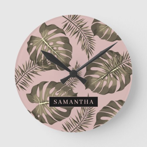 Tropical Pink  Gold Palm Leaves Pattern  Name  Round Clock