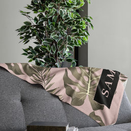 Tropical Pink &amp; Gold Palm Leaves Pattern &amp; Name   Sherpa Blanket