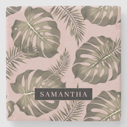 Tropical Pink  Gold Palm Leaves Pattern  Name  Stone Coaster