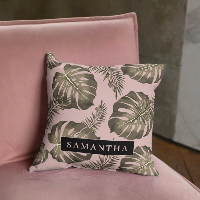 Tropical Pink & Gold Palm Leaves Pattern & Name   Throw Pillow (Creator Uploaded)
