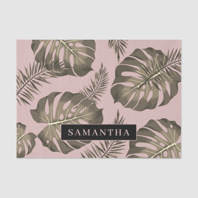 Tropical Pink & Gold Palm Leaves Pattern & Name  Tissue Paper (Front)