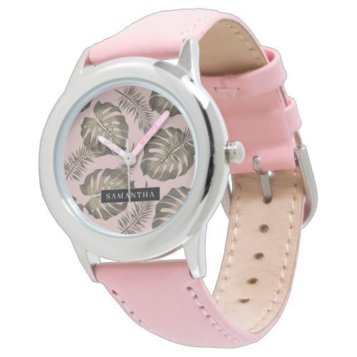 Tropical Pink  Gold Palm Leaves Pattern  Name  Watch