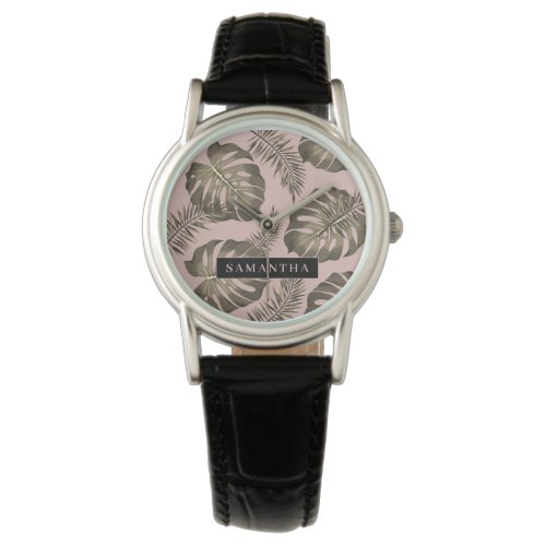 Tropical Pink  Gold Palm Leaves Pattern  Name   Watch