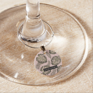 Tropical Pink & Gold Palm Leaves Pattern & Name  Wine Charm