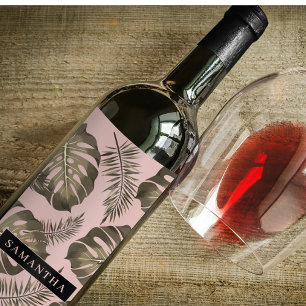 Tropical Pink & Gold Palm Leaves Pattern & Name Wine Label