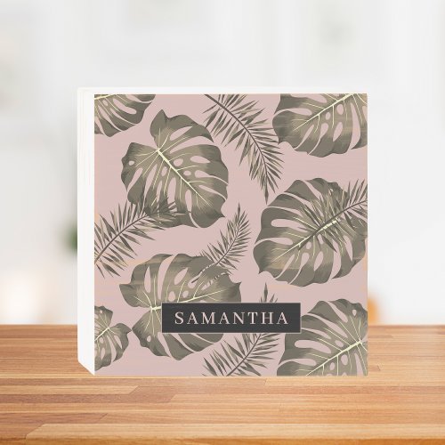 Tropical Pink  Gold Palm Leaves Pattern  Name  Wooden Box Sign