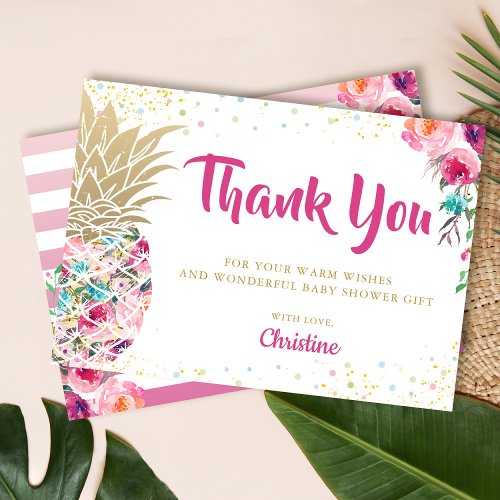 Tropical Pink Gold Pineapple Baby Shower Thank you Invitation