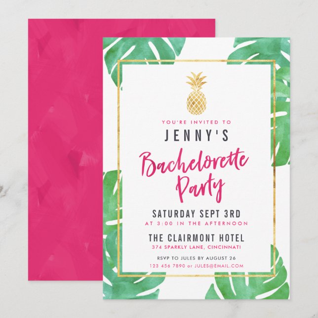Tropical Pink & Gold Pineapple Bachelorette Party Invitation (Front/Back)