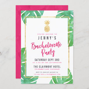 Tropical Pink & Gold Pineapple Bachelorette Party Invitation