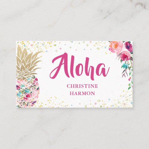 Tropical Pink Gold Pineapple Floral Business card