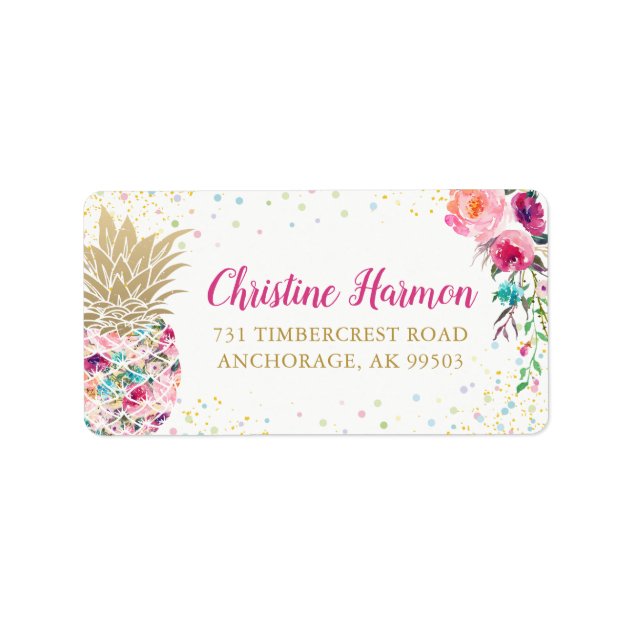 Tropical Pink Gold Pineapple Floral Glitter Label
