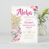 Tropical Pink Gold Pineapple Floral Graduation Invitation (Standing Front)