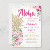 Tropical Pink Gold Pineapple Floral Graduation Invitation (Front)