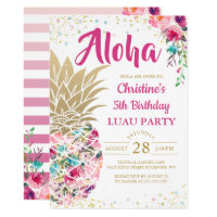 Tropical Pink Gold Pineapple Floral Luau Birthday Invitation