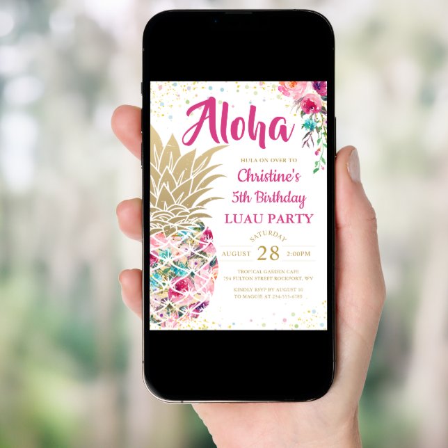 Tropical Pink Gold Pineapple Floral Luau Birthday Invitation (Front Digital)