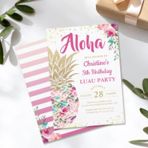 Tropical Pink Gold Pineapple Floral Luau Birthday