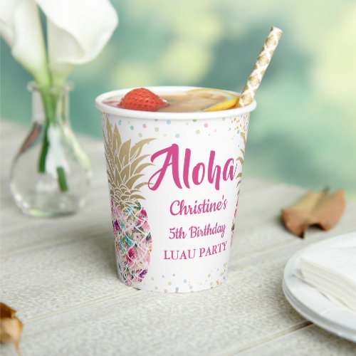 Tropical Pink Gold Pineapple Floral Luau Birthday Paper Cups