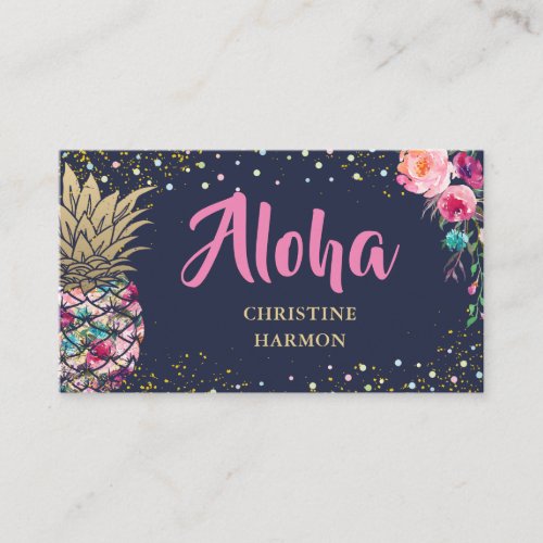 Tropical Pink Gold Pineapple Floral Navy Blue Business Card