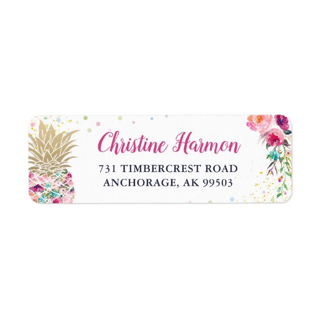 Tropical Pink Gold Pineapple Floral Return Address Label (Front)