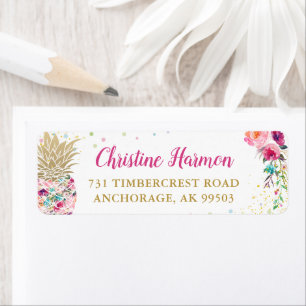 Tropical Pink Gold Pineapple Floral Return Address Label