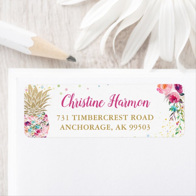 Tropical Pink Gold Pineapple Floral Return Address Label (Insitu)
