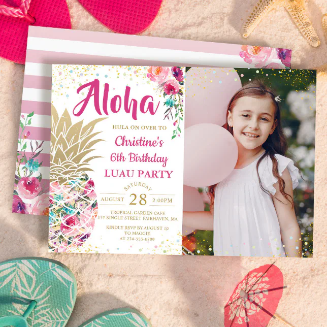 Tropical Pink Gold Pineapple Luau Birthday Photo Invitation | Zazzle