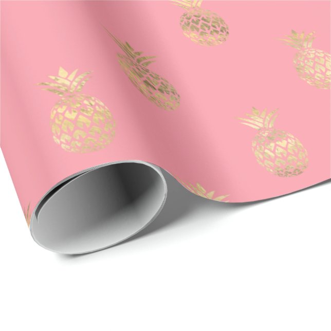 Tropical Pink Gold Pineapple Pattern Wrapping Paper (Roll Corner)