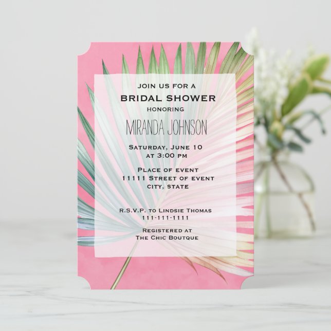 Tropical Pink Green Leaf bridal shower Invitation (Standing Front)