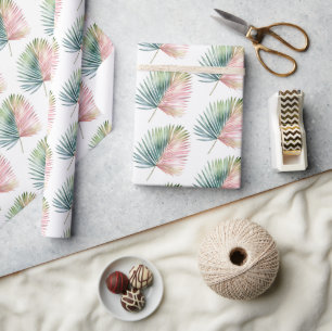 Tropical Pink Green Leaf Wedding Wrapping Paper