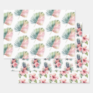 Tropical Pink Green Leaf Wedding Wrapping Paper Sheets