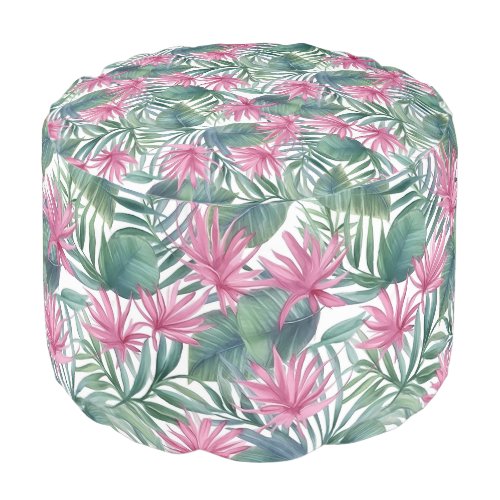 Tropical Pink Green Leaves Pouf