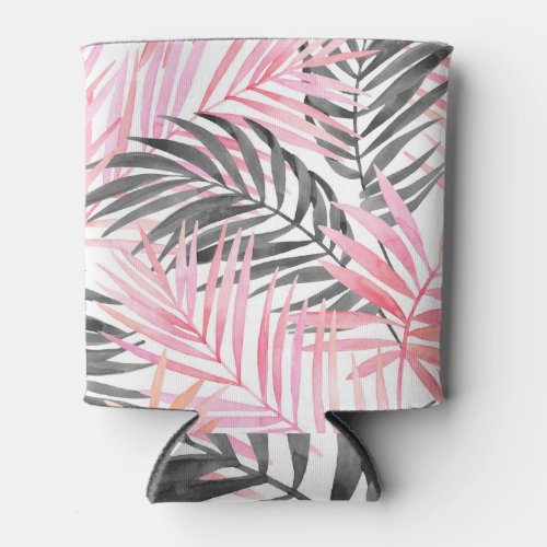 Tropical Pink Green Leaves Watercolor Can Cooler