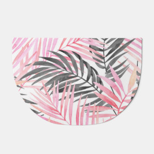 Tropical Pink Green Leaves Watercolor Doormat