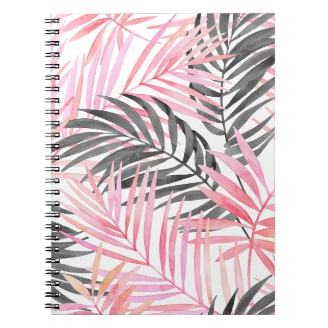Tropical Pink Green Leaves Watercolor Notebook (Front)