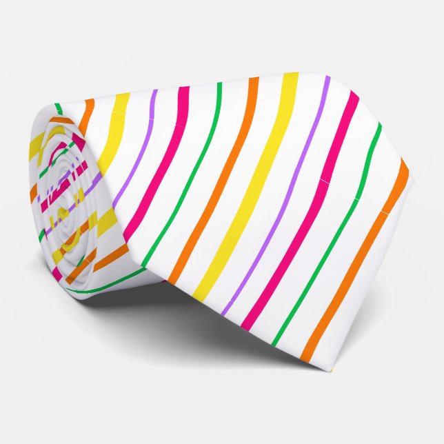Tropical Pink Green Orange Yellow Stripes Neck Tie (Rolled)