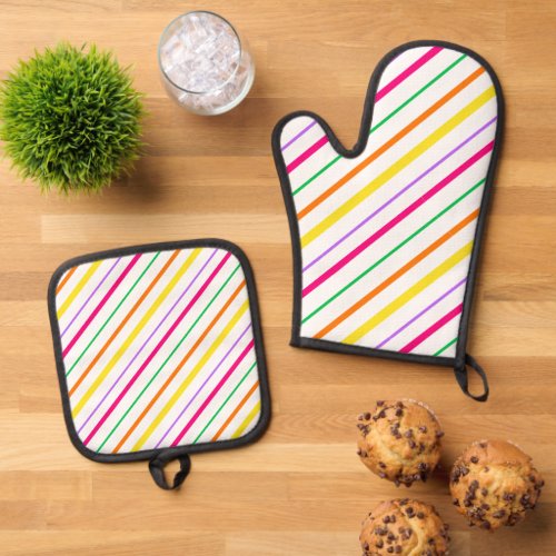 Tropical Pink Green Orange Yellow Stripes Oven Mitt  Pot Holder Set