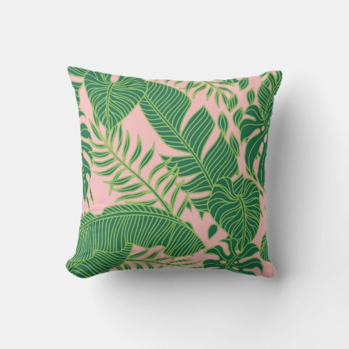 Tropical Pink Green Palm Banana Leaves Outdoor  Throw Pillow