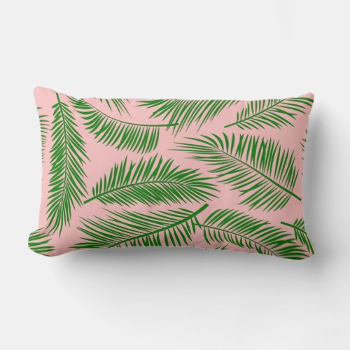 Tropical Pink Green Palm Leaves Beach Coastal Lumbar Pillow