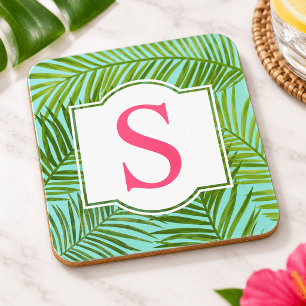 Tropical Pink Green Palm Leaves Monogram Initial Beverage Coaster