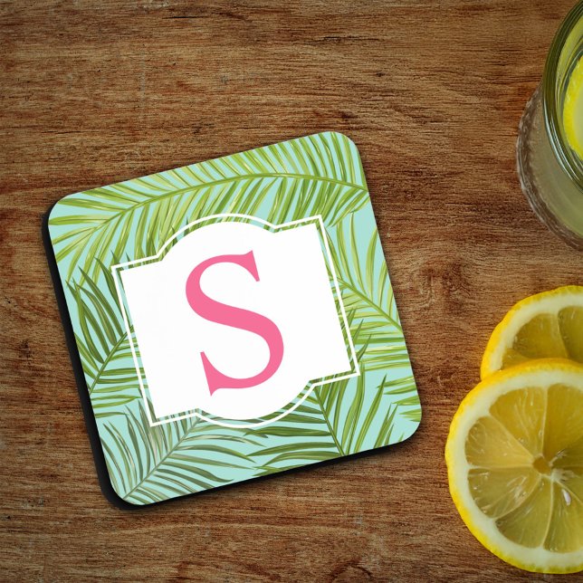 Tropical Pink Green Palm Leaves Monogram Initial Beverage Coaster (Creator Uploaded)