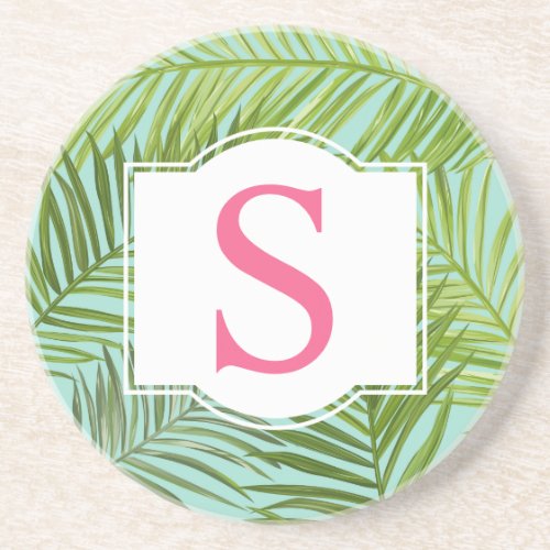 Tropical Pink Green Palm Leaves Monogram Initial Coaster