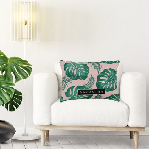 Tropical Pink  Green Palm Leaves Pattern  Name Accent Pillow