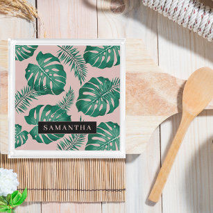 Tropical Pink & Green Palm Leaves Pattern & Name Acrylic Tray