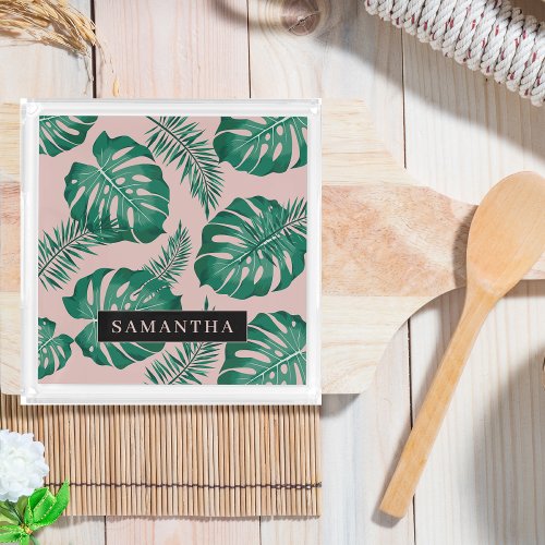 Tropical Pink  Green Palm Leaves Pattern  Name Acrylic Tray