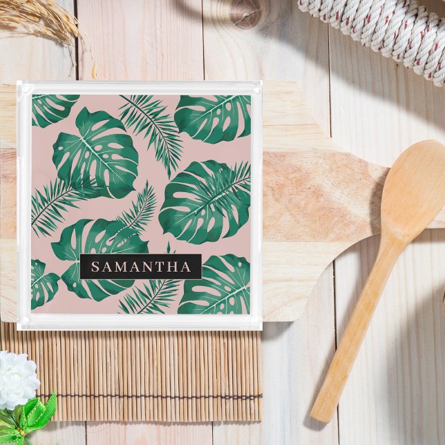 Tropical Pink & Green Palm Leaves Pattern & Name Acrylic Tray (Creator Uploaded)